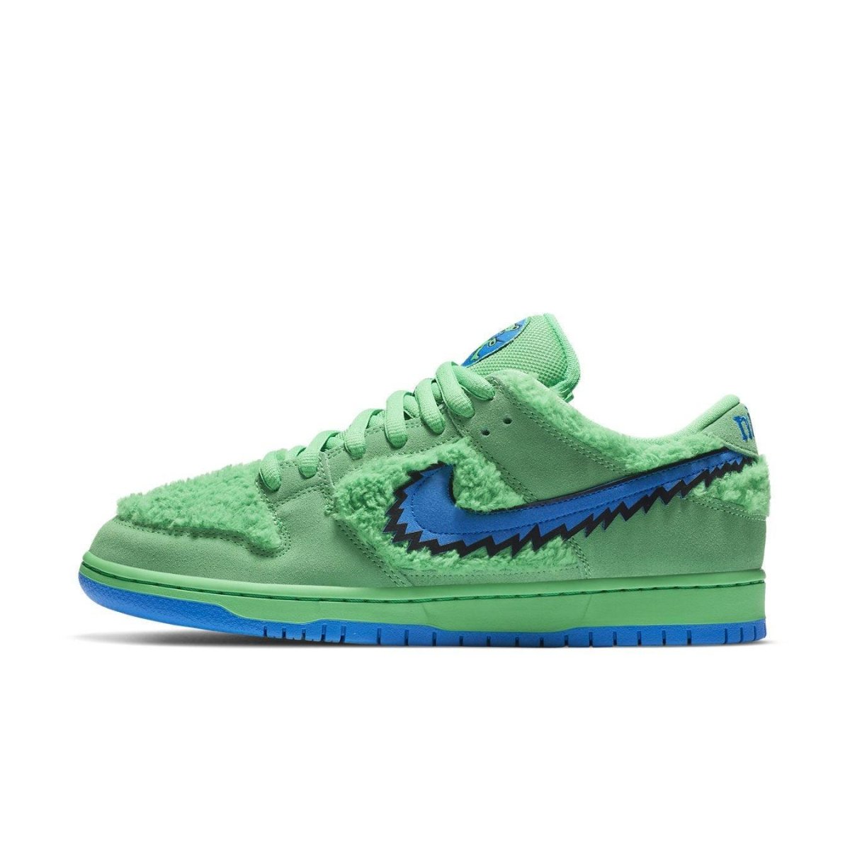 Nike SB Dunk Low Grateful Dead Bears Green sneaker with fluffy green upper and blue Swoosh.