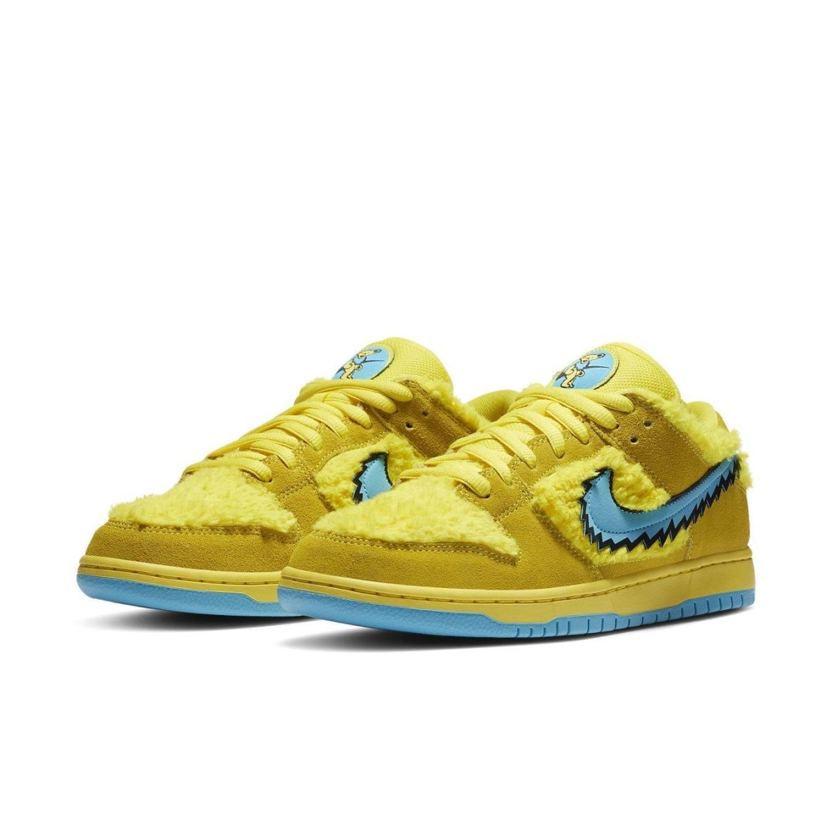 Nike SB Dunk Low Grateful Dead Bears in vibrant yellow with blue accents and furry upper design.