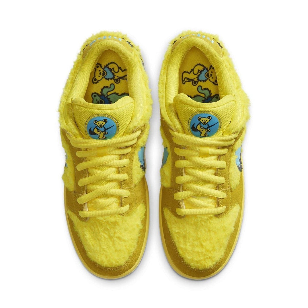 Nike SB Dunk Low Grateful Dead Bears in vibrant yellow with furry upper and playful bear design on the insole.