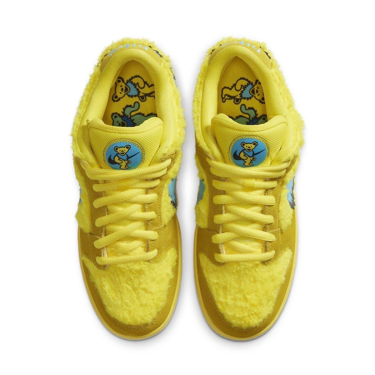 Nike SB Dunk Low Grateful Dead Bears in vibrant yellow with furry upper and playful bear design on the insole.
