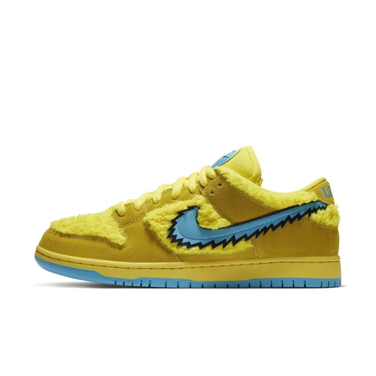 Nike SB Dunk Low Grateful Dead Bears in vibrant yellow with blue detailing and fur upper.