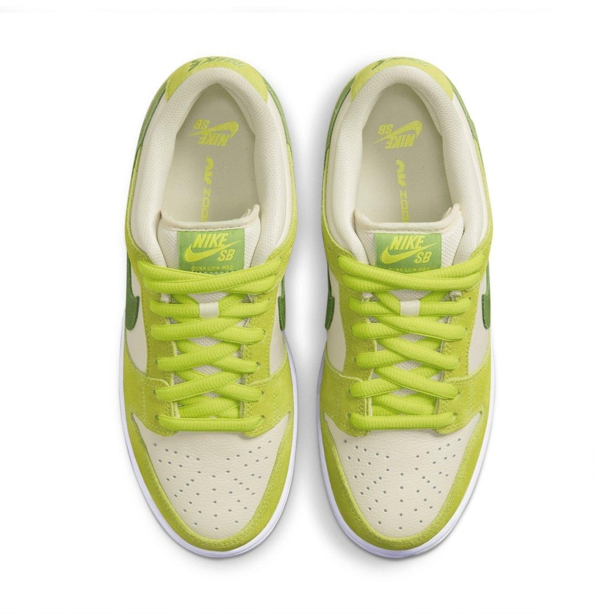 Nike SB Dunk Low Green Apple sneakers with Atomic Green and coconut white colorway from above.