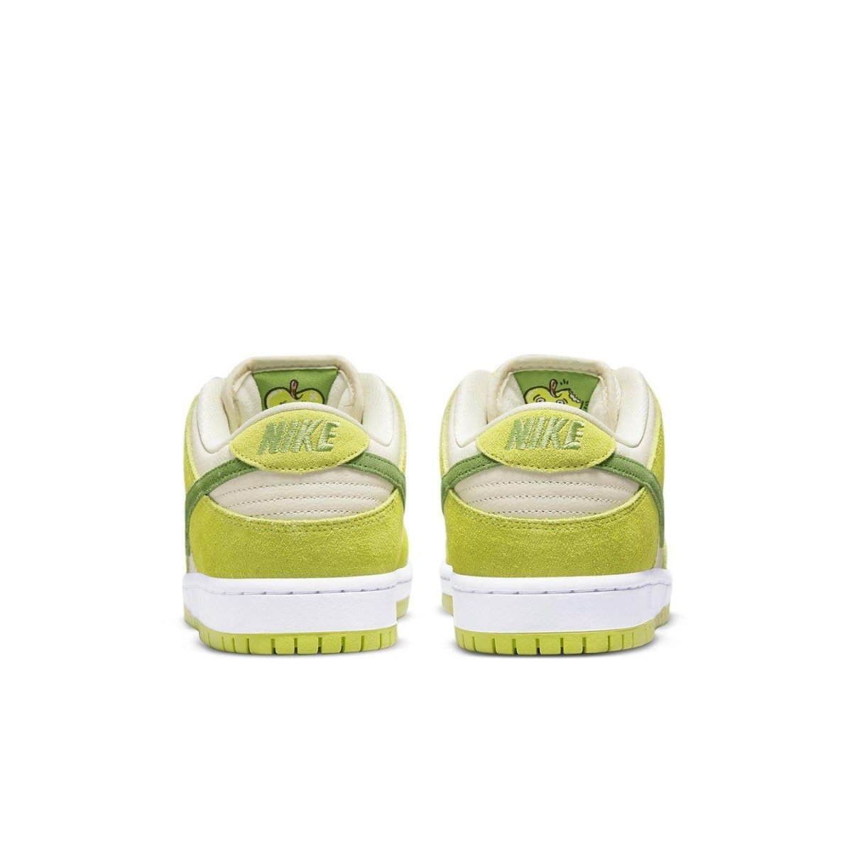 Nike SB Dunk Low Green Apple sneakers showcasing Atomic Green suede with contrasting coconut base.