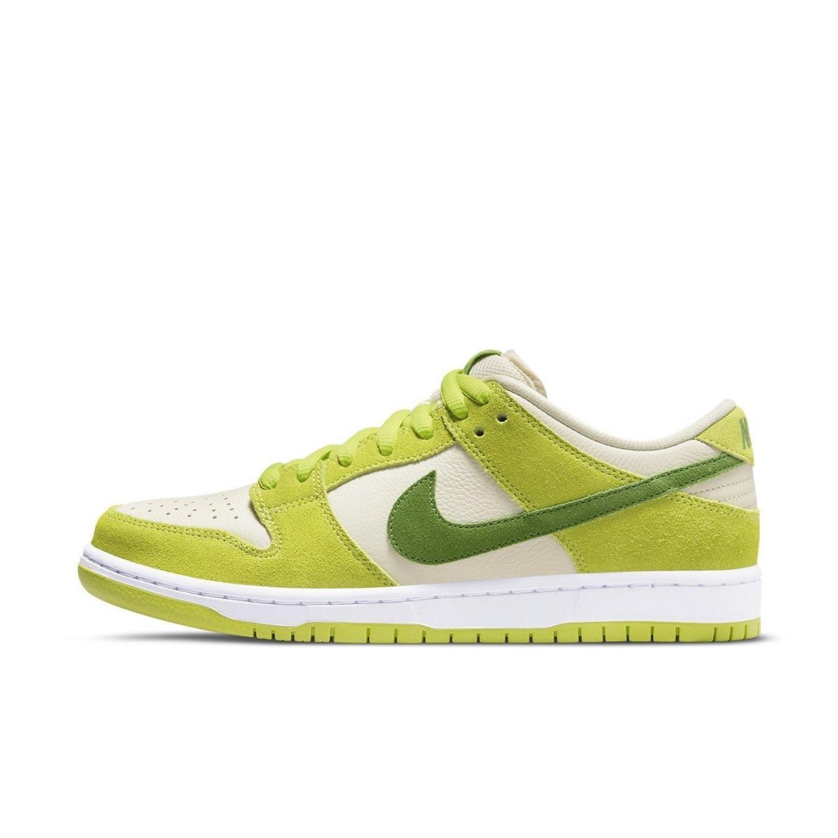 Nike SB Dunk Low Green Apple featuring Atomic Green suede and coconut white base, perfect summer sneaker.