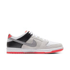 Nike SB Dunk Low Infrared with gray suede upper, black leather heel, and infrared accents on sole.