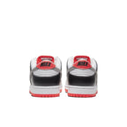 Nike SB Dunk Low Infrared sneaker rear view featuring gray suede and black leather with vibrant red accents.