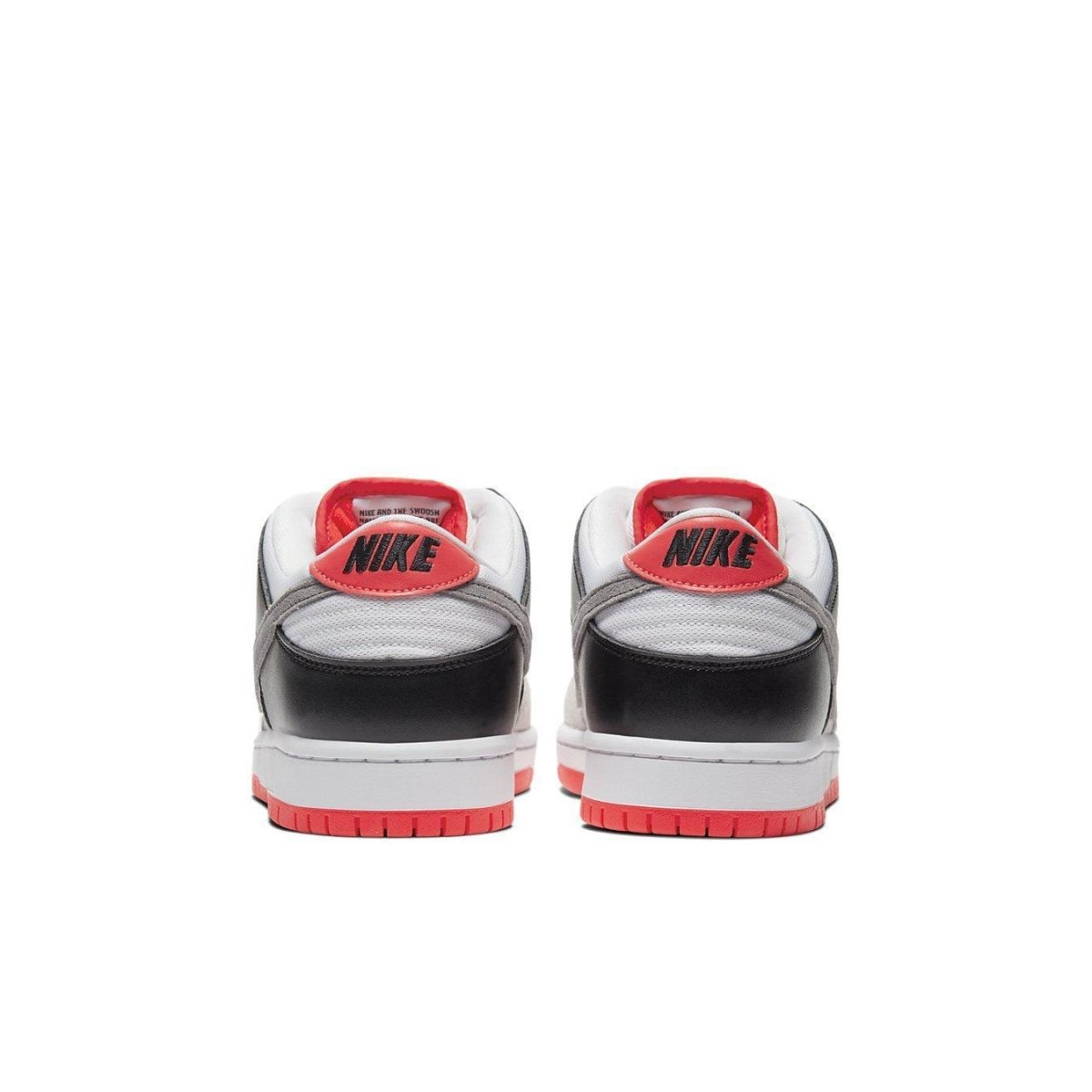 Nike SB Dunk Low Infrared sneaker rear view featuring gray suede and black leather with vibrant red accents.