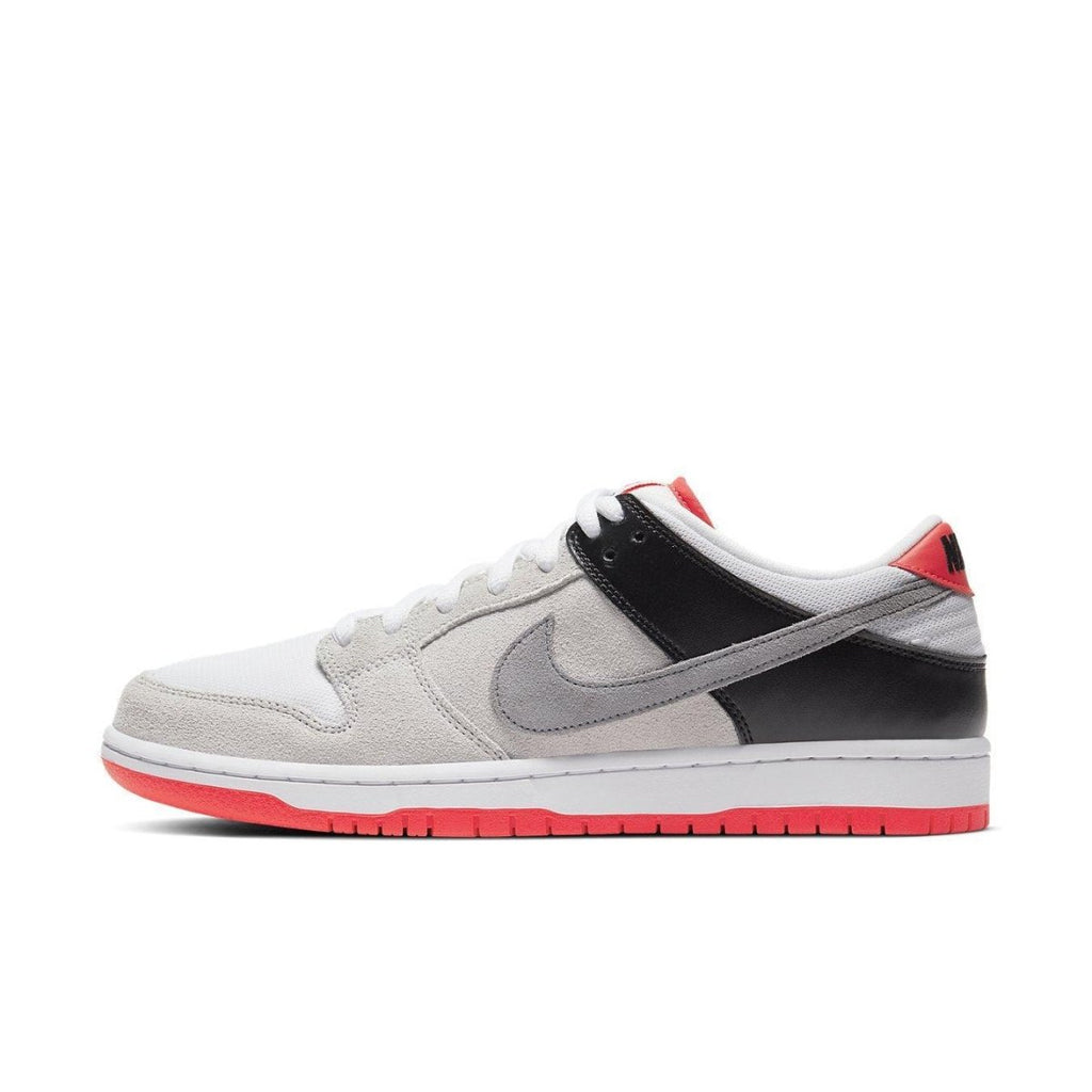 Nike SB Dunk Low Infrared with gray suede upper, black leather heel, and infrared accents on the sole.