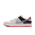 Nike SB Dunk Low Infrared with gray suede upper, black leather heel, and infrared accents on the sole.
