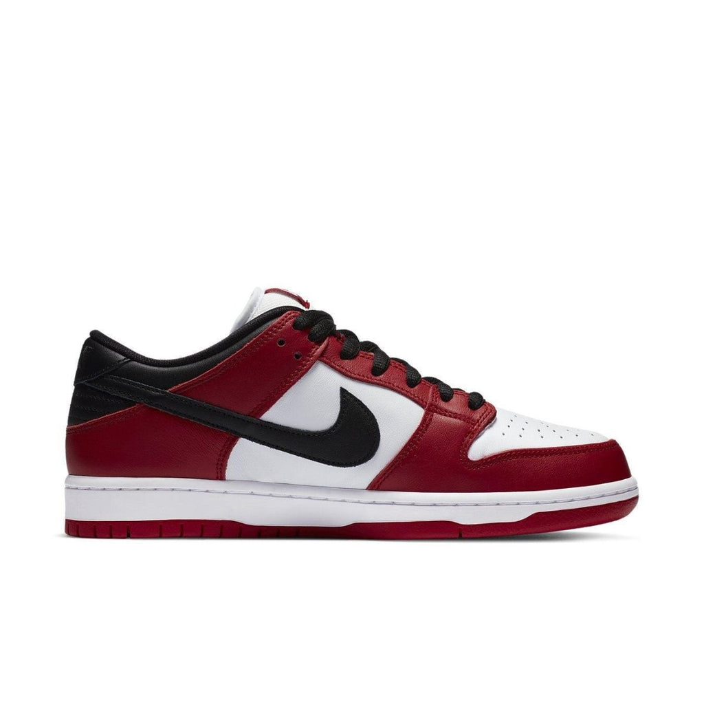 Nike SB Dunk Low J-Pack Chicago sneakers in red, white, and black, perfect for skateboarders and basketball players.
