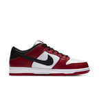 Nike SB Dunk Low J-Pack Chicago sneakers in red, white, and black, perfect for skateboarders and basketball players.