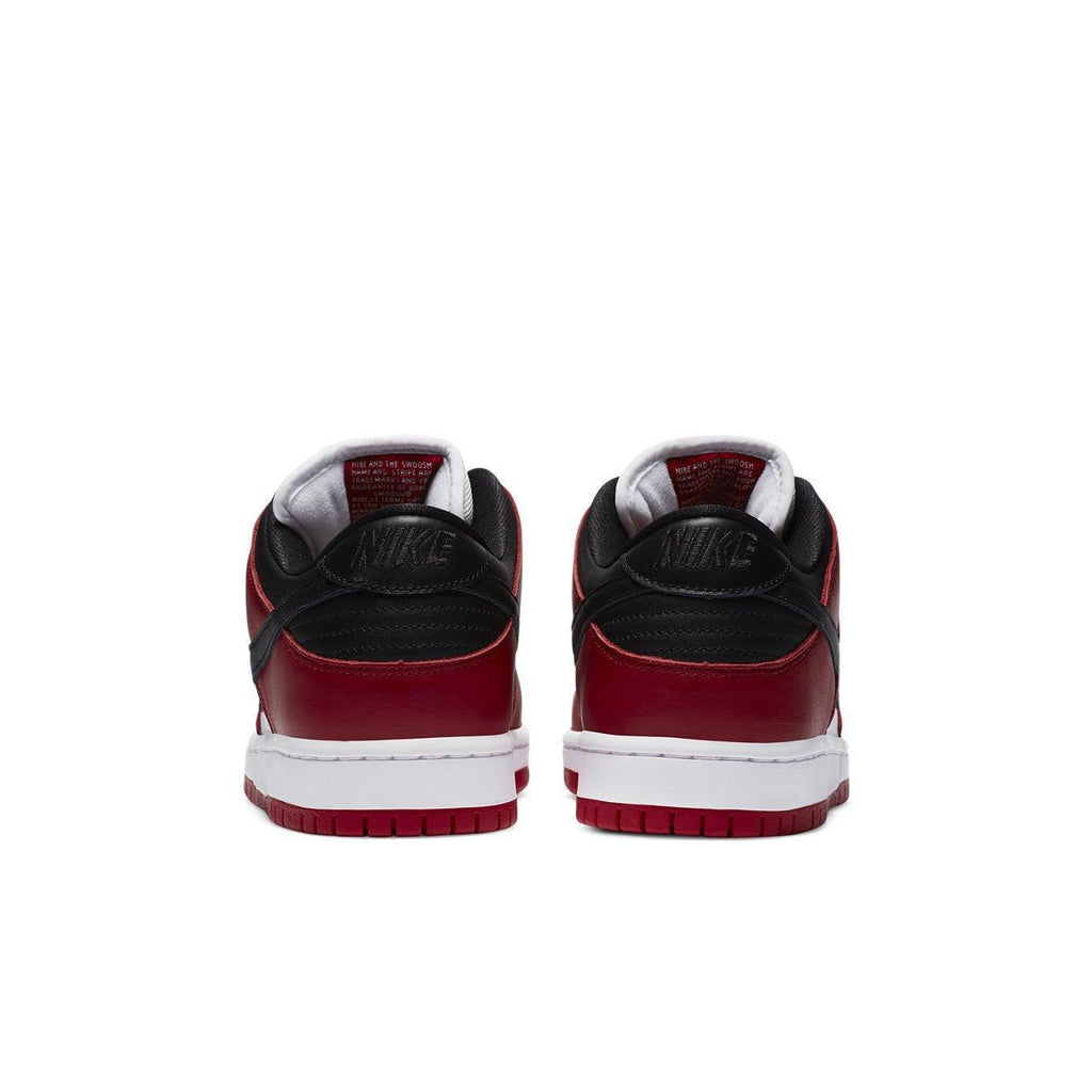 Nike SB Dunk Low J-Pack Chicago sneakers, back view showcasing the red and black design with distinctive branding.