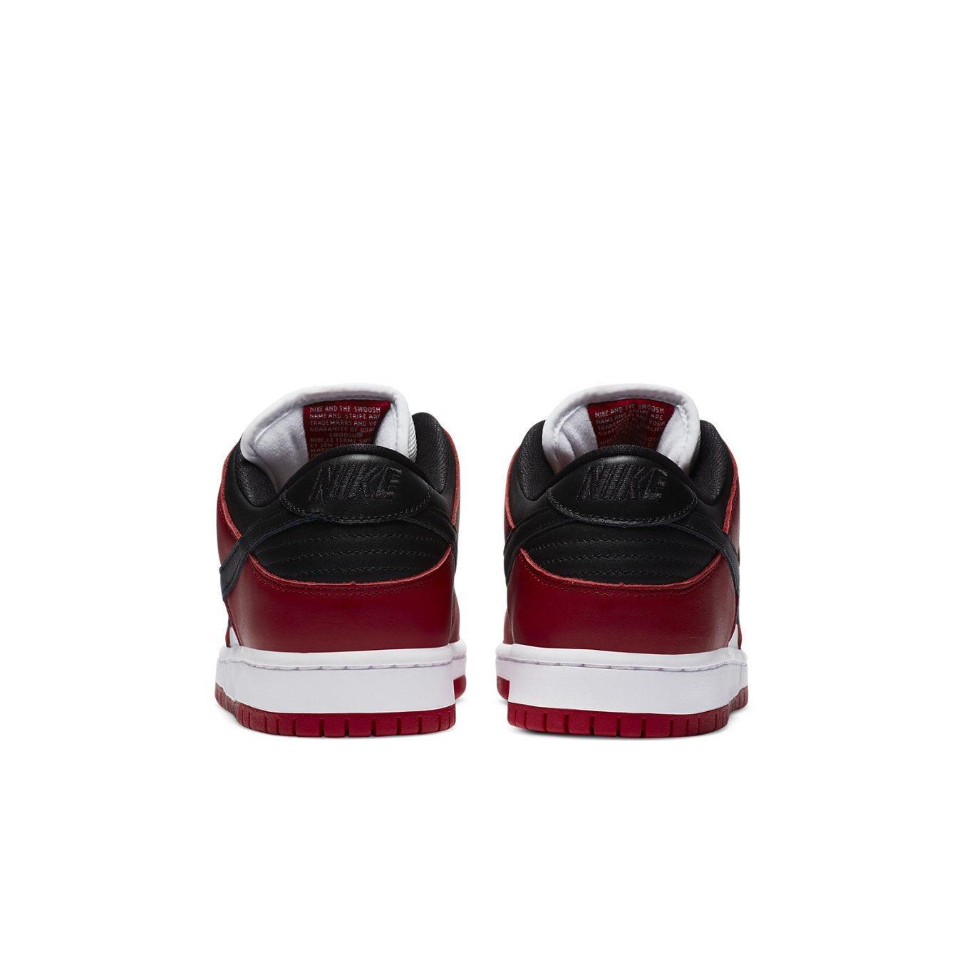 Nike SB Dunk Low J-Pack Chicago sneakers, back view showcasing the red and black design with distinctive branding.