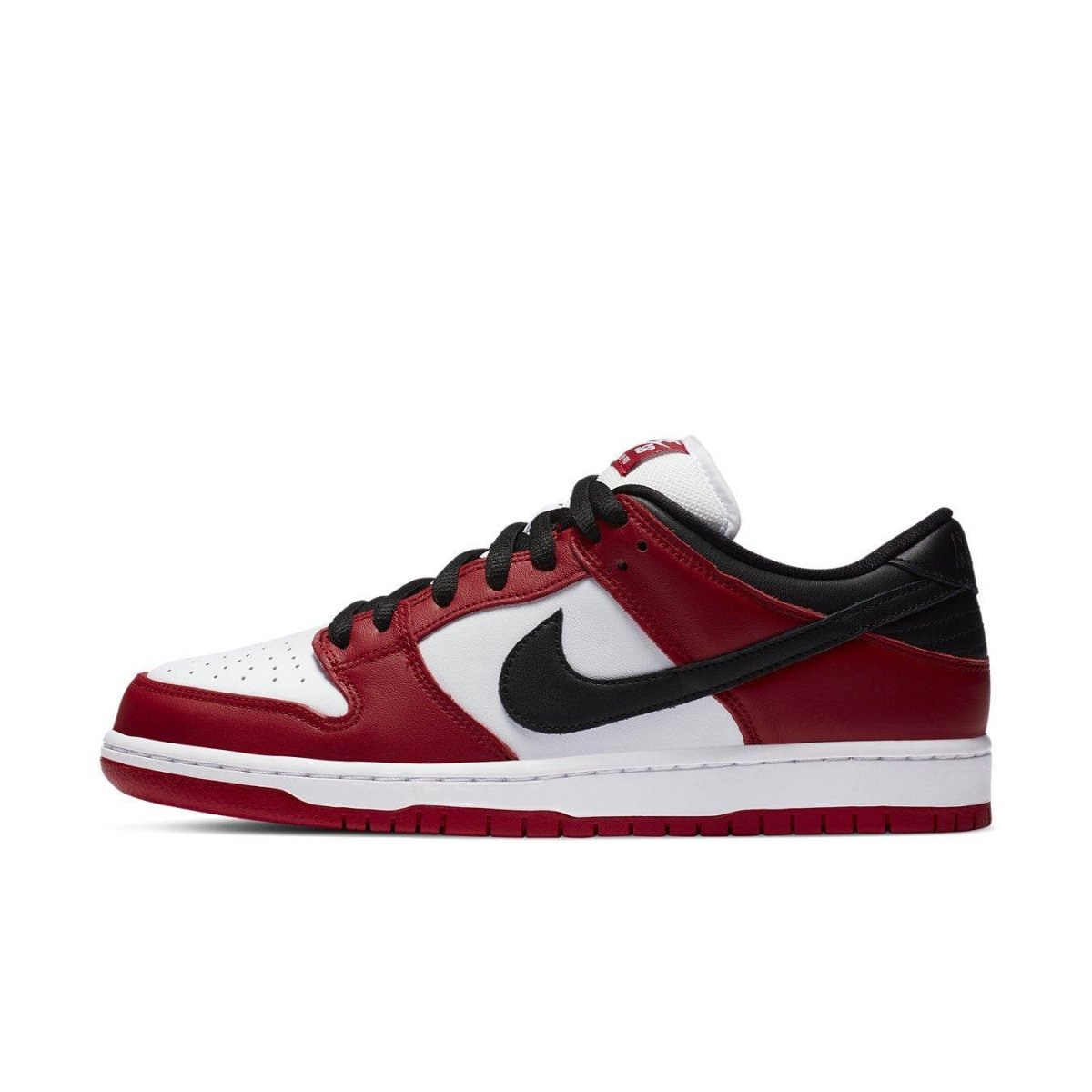 Nike SB Dunk Low J-Pack Chicago sneakers in red, white, and black colorway with classic design.