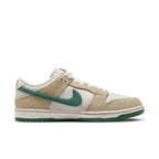 Nike SB Dunk Low Jarritos featuring a white leather base and green malachite Swoosh with hemp overlay.