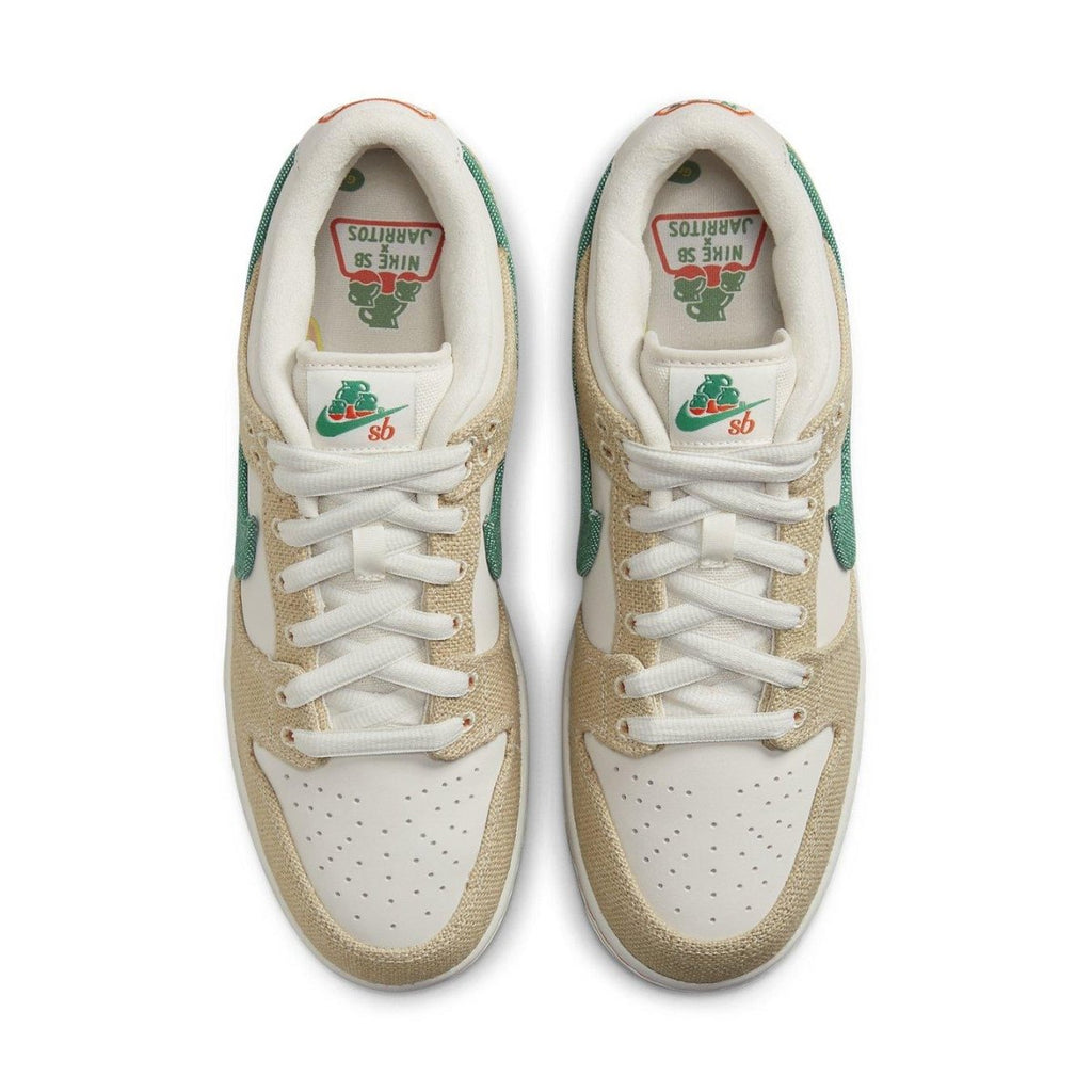 Nike SB Dunk Low Jarritos showcasing white leather and green malachite Swoosh with Jarritos logo on the tongue.