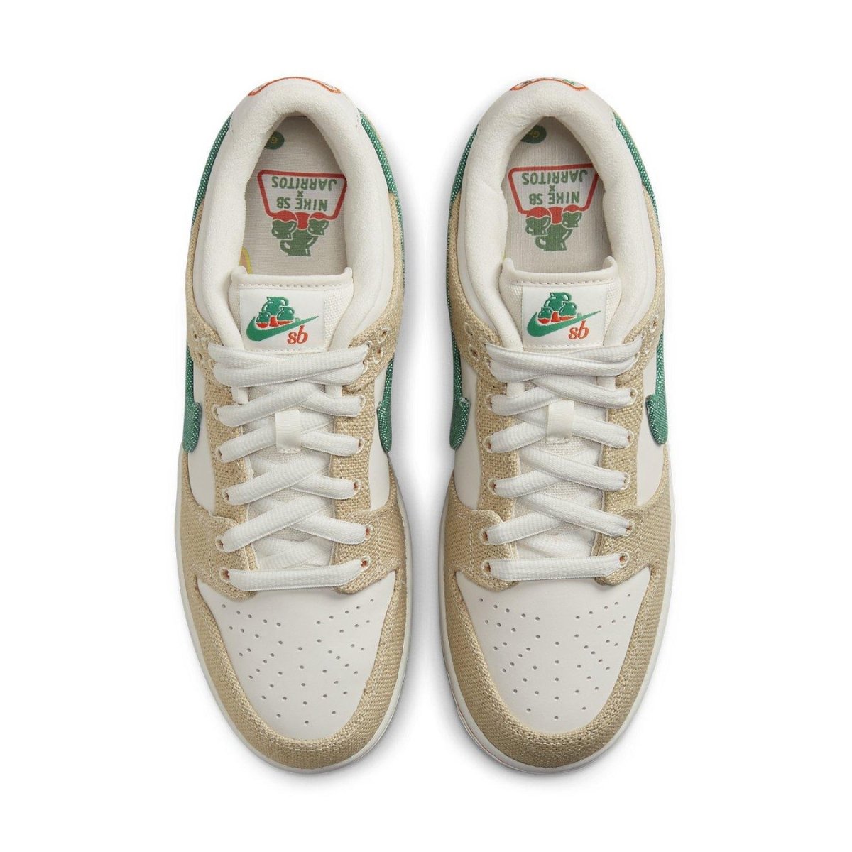 Nike SB Dunk Low Jarritos showcasing white leather and green malachite Swoosh with Jarritos logo on the tongue.