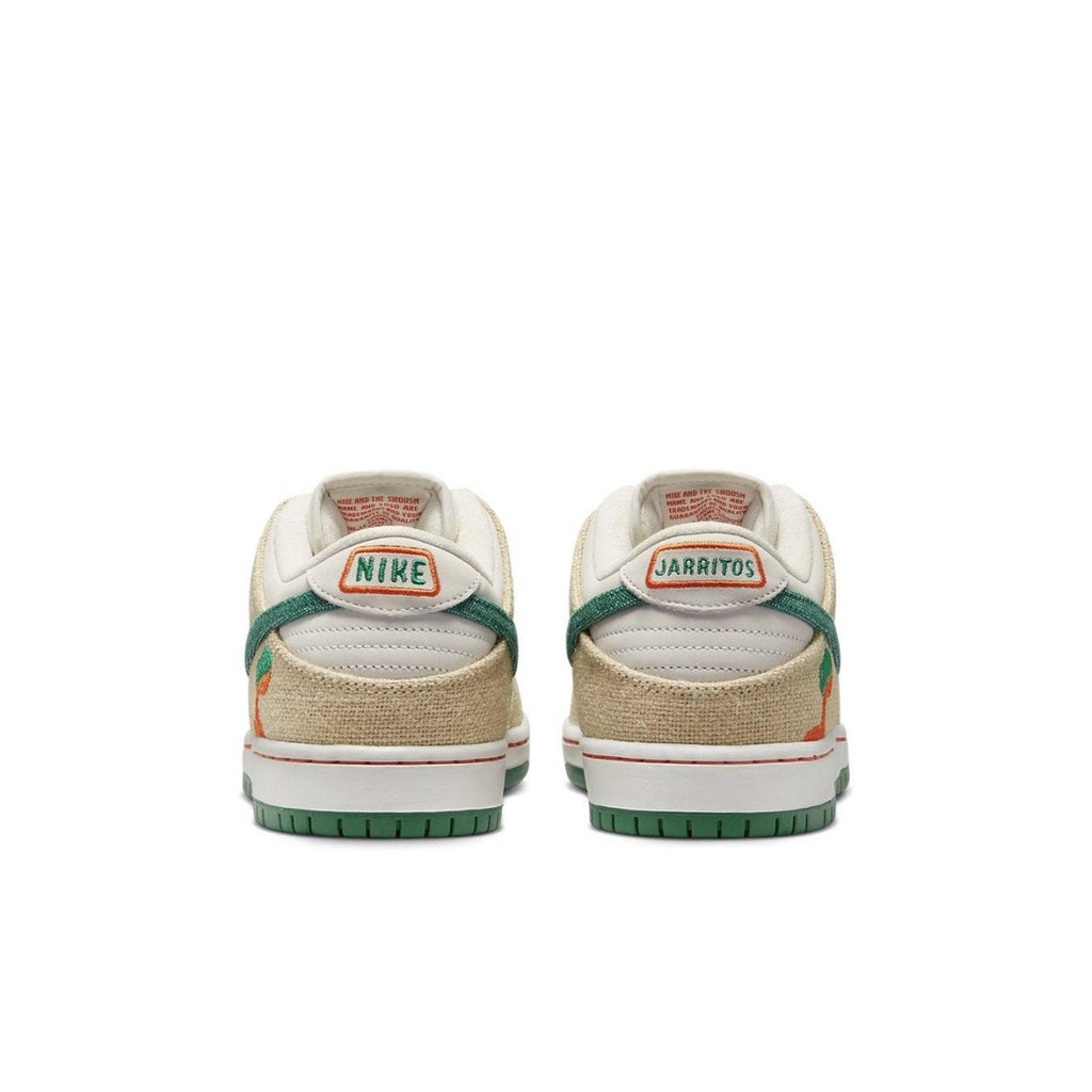 Rear view of Nike SB Dunk Low Jarritos sneakers featuring green and orange branding.