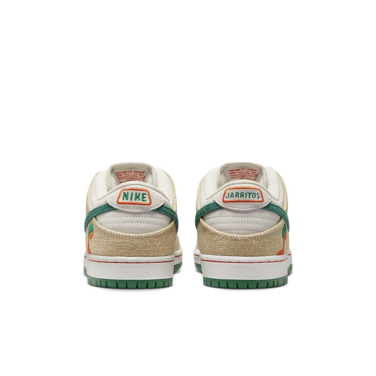 Rear view of Nike SB Dunk Low Jarritos sneakers featuring green and orange branding.