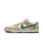 Nike SB Dunk Low Jarritos sneaker featuring white leather, hemp overlays, and green malachite accents.