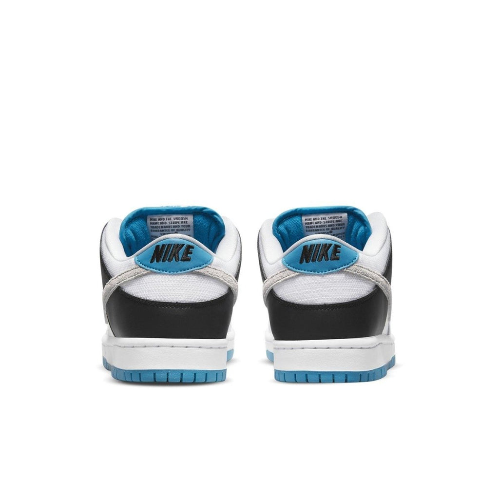 Nike SB Dunk Low Laser Blue sneakers featuring a sleek white and black design with blue accents on the collar and sole.