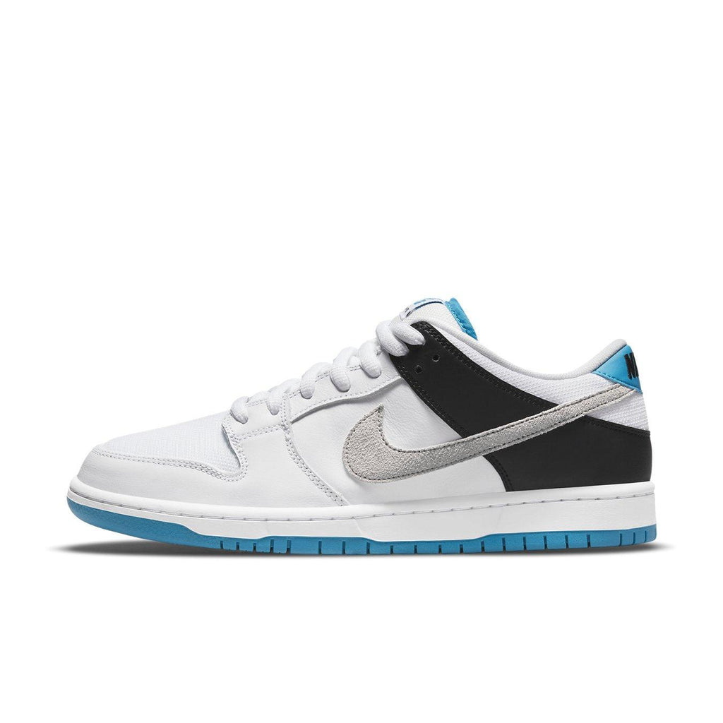 Nike SB Dunk Low Laser Blue sneakers featuring a white premium leather upper, black nubuck heel, and soft blue accents.