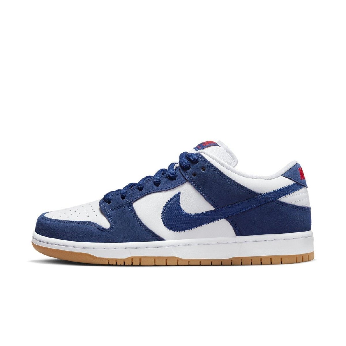 Nike SB Dunk Low in Deep Royal Blue and White with Gum Light Brown sole, featuring Dodgers colors and design.