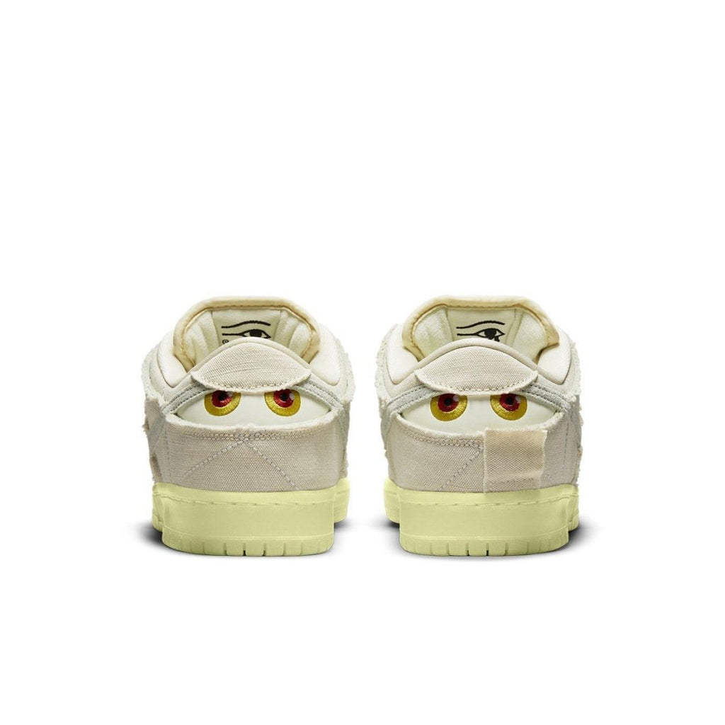 Nike SB Dunk Low Mummy sneaker rear view featuring spooky eye design and glow-in-the-dark outsole.