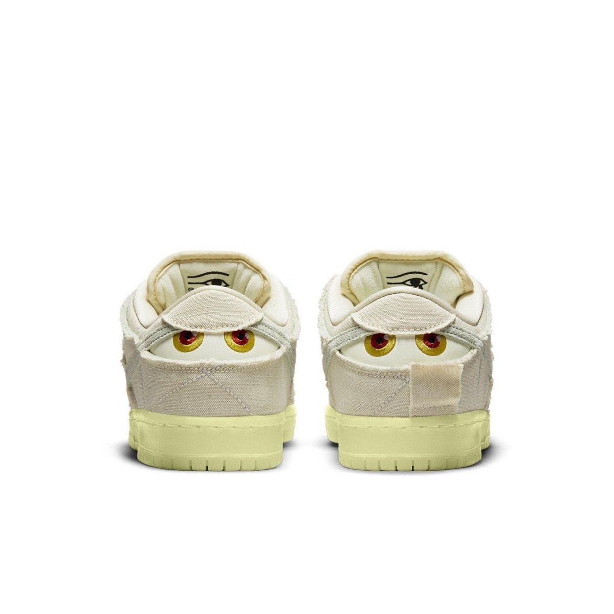 Nike SB Dunk Low Mummy sneaker rear view featuring spooky eye design and glow-in-the-dark outsole.