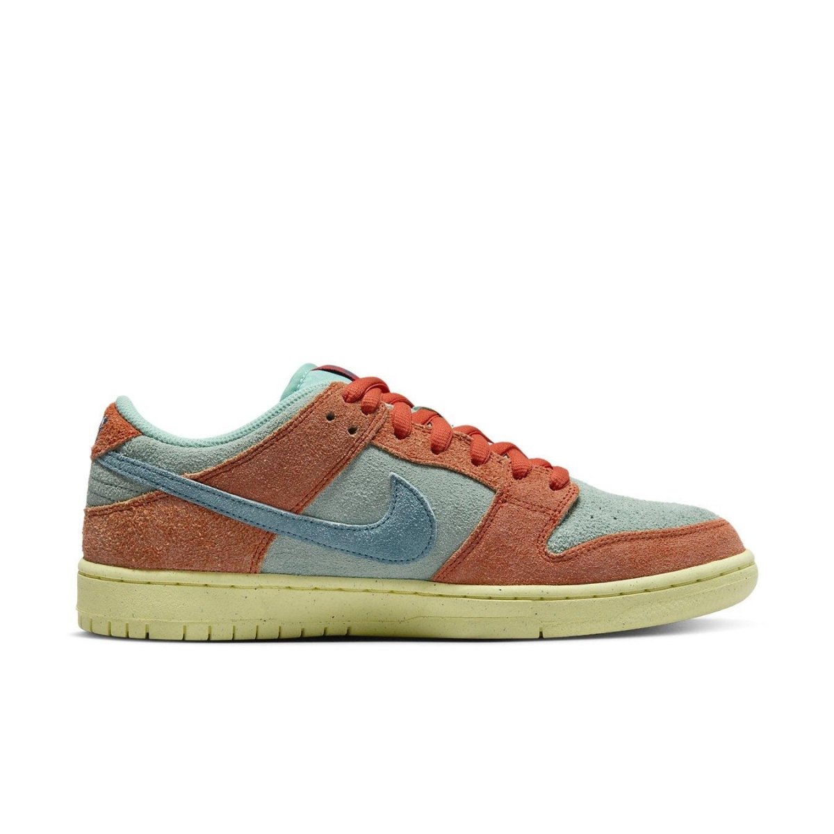 Nike SB Dunk Low Orange Emerald Rise in vibrant orange and green suede with a distinct blue Swoosh and yellow sole.
