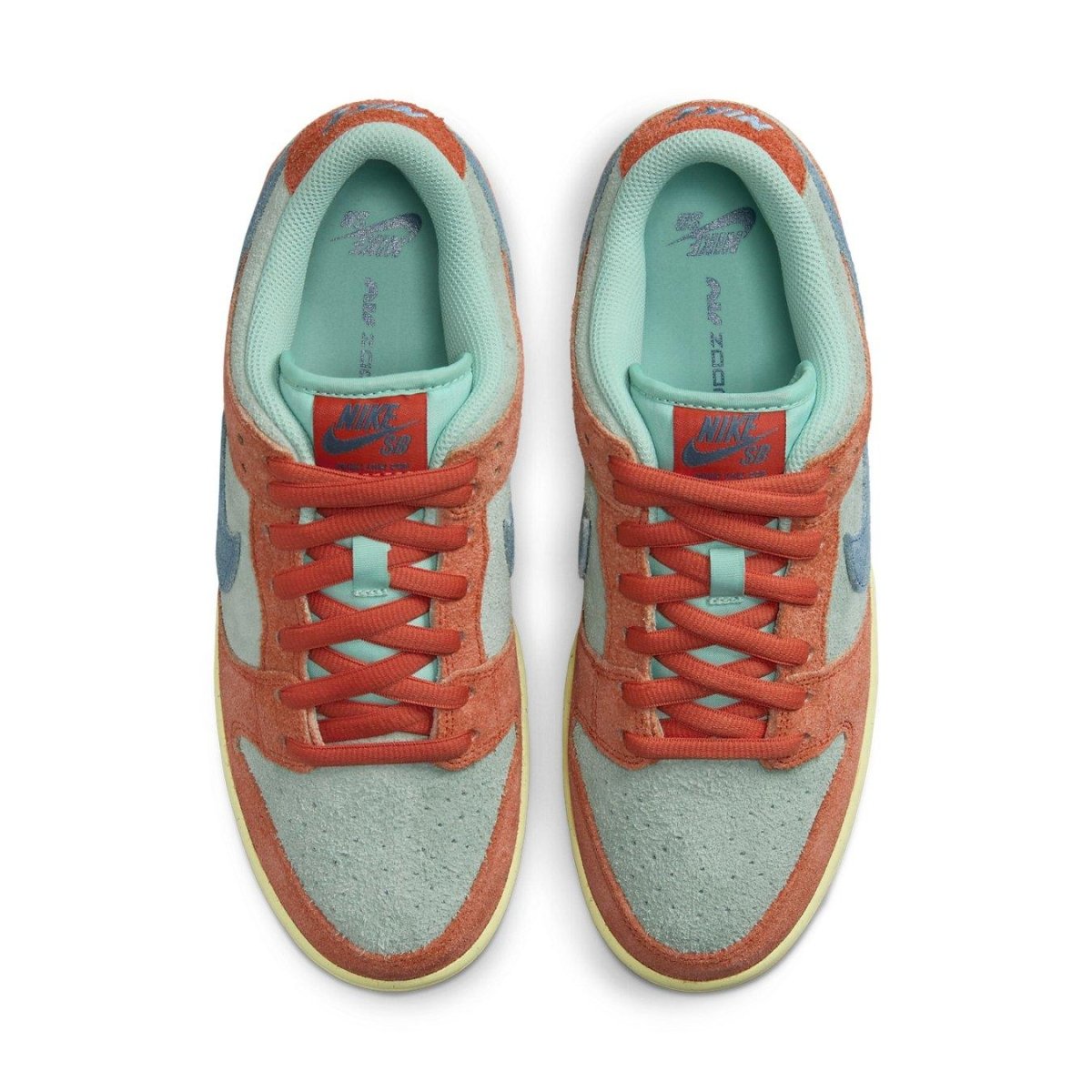 Nike SB Dunk Low Orange Emerald Rise top view showcasing suede materials and vibrant orange and emerald colorway.