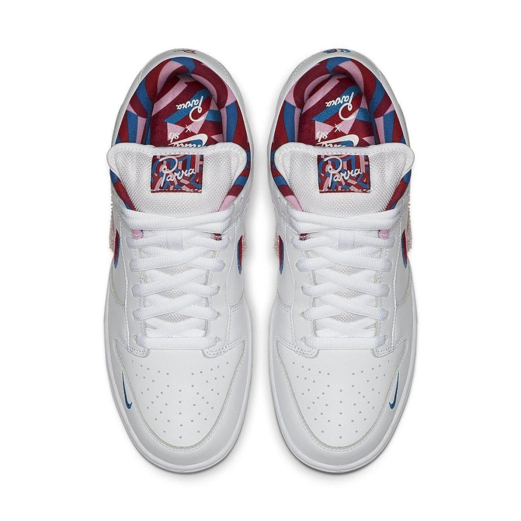 Nike SB Dunk Low Parra white and blue sneaker, featuring unique artwork and colorful insole design.