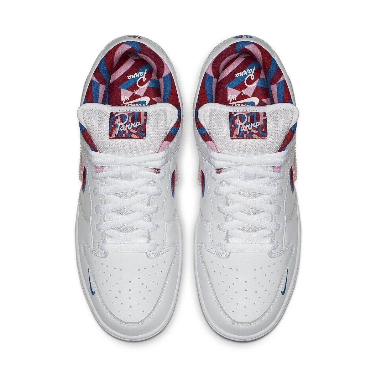 Nike SB Dunk Low Parra white and blue sneaker, featuring unique artwork and colorful insole design.