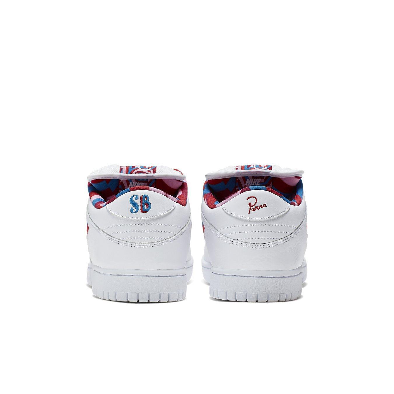 Nike SB Dunk Low Parra sneakers back view with co-branding details and vibrant interior design.