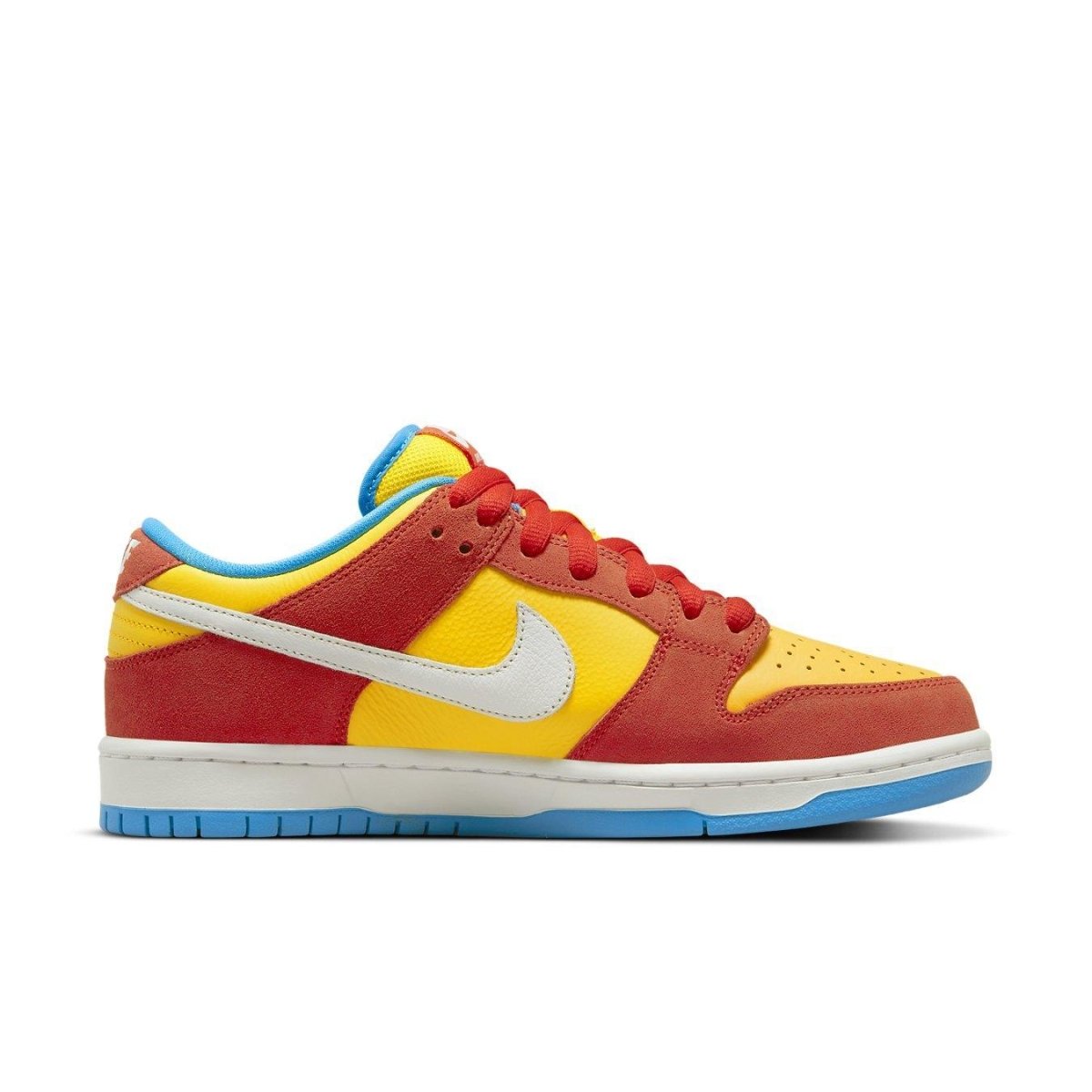 Nike SB Dunk Low Pro Bart Simpson sneakers in yellow, red, and blue with white Swoosh and gum sole.