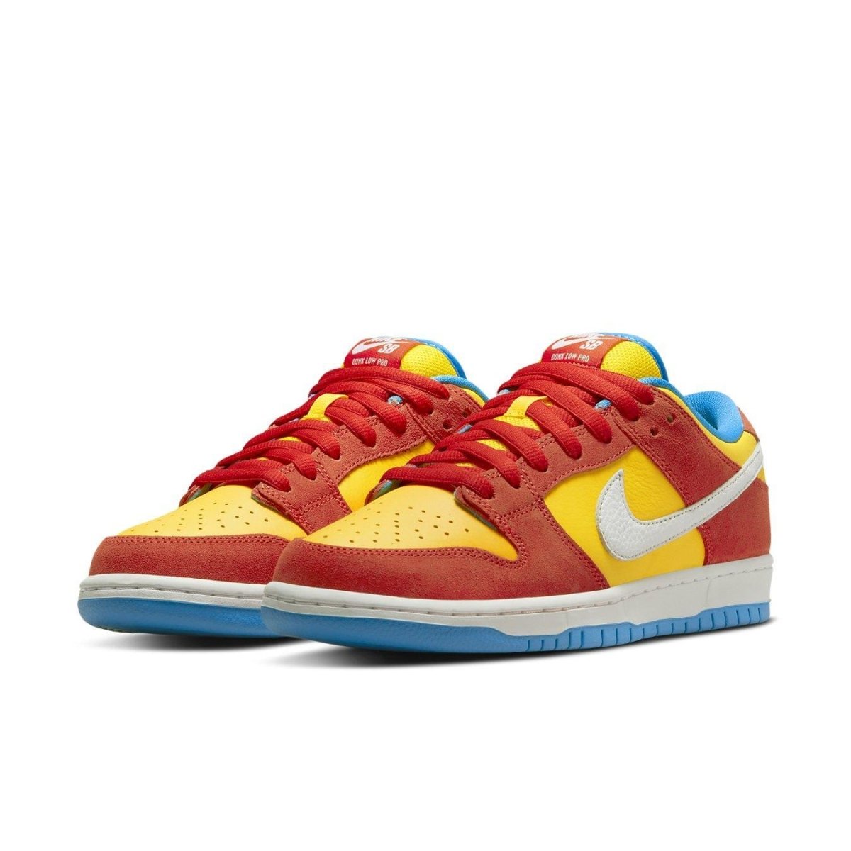 Nike SB Dunk Low Pro Bart Simpson in yellow, red suede, with white Swoosh and blue sole.