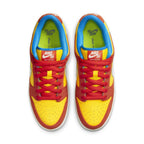 Nike SB Dunk Low Pro Bart Simpson sneakers in yellow, red, and blue with suede details and iconic Swoosh logo.