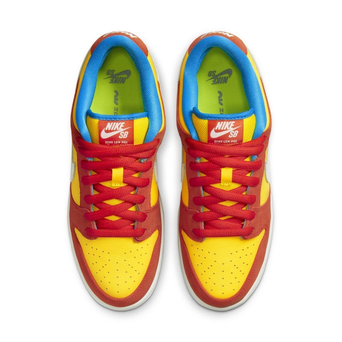 Nike SB Dunk Low Pro Bart Simpson sneakers in yellow, red, and blue with suede details and iconic Swoosh logo.