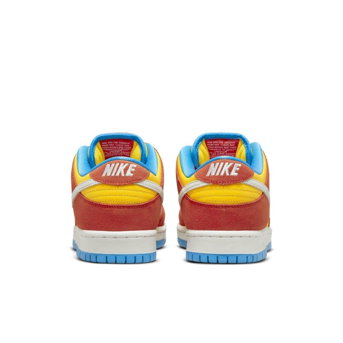 Nike SB Dunk Low Pro Bart Simpson shoes featuring red, yellow, and blue colorway with Swoosh logo.