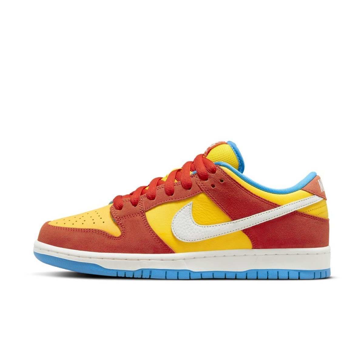 Nike SB Dunk Low Pro Bart Simpson sneakers in yellow, red, and white with blue accents.