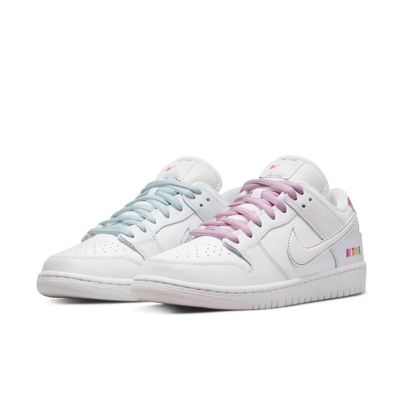 Nike SB Dunk Low Pro Be True sneakers in white leather with colorful accents and 'Be True' embroidery.