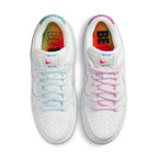 Nike SB Dunk Low Pro Be True sneakers showcasing vibrant laces and colorful 'Be True' insoles.