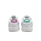 Nike SB Dunk Low Pro Be True sneakers featuring multicolored heel tabs and white leather design.