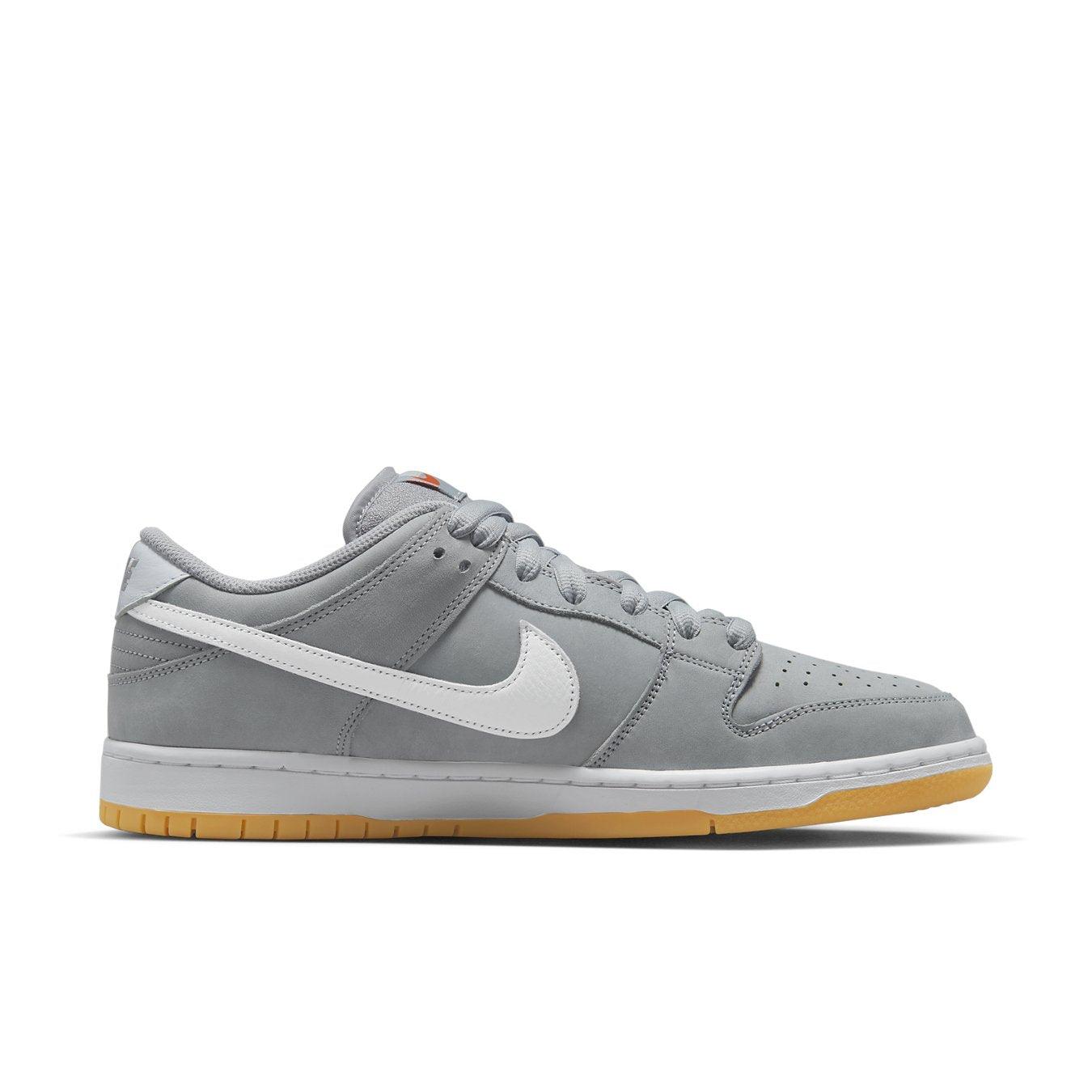 Nike SB Dunk Low Pro ISO 'Wolf Grey Gum' sneaker featuring grey leather upper and white Swoosh with gum sole.