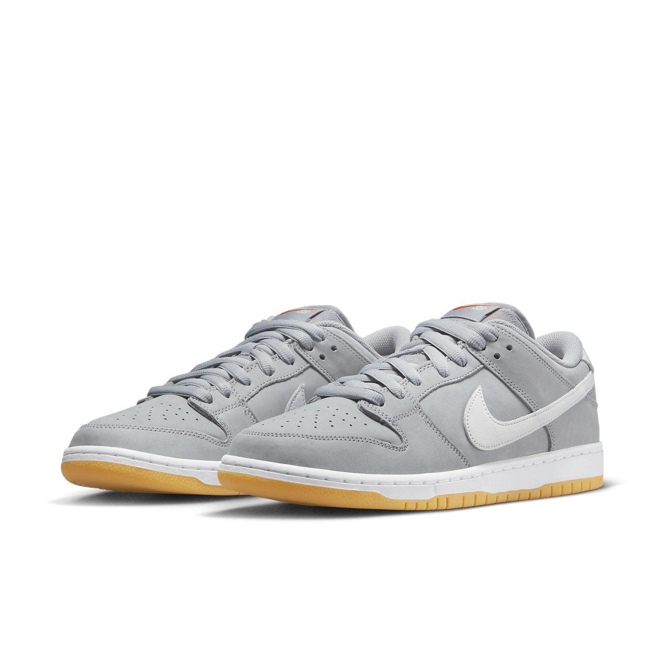 Nike Dunk Low Pro ISO SB 'Wolf Grey Gum' sneakers in grey with white Swoosh and gum sole.