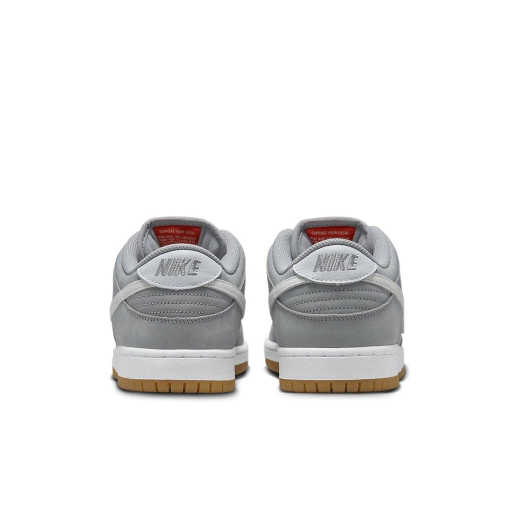 Rear view of Nike SB Dunk Low Pro ISO 'Wolf Grey Gum' sneakers showcasing grey suede upper and gum outsole.