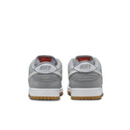 Rear view of Nike SB Dunk Low Pro ISO 'Wolf Grey Gum' sneakers showcasing grey suede upper and gum outsole.