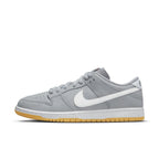 Nike SB Dunk Low Pro ISO in Wolf Grey with white Swoosh and gum sole for a sleek, retro vibe.