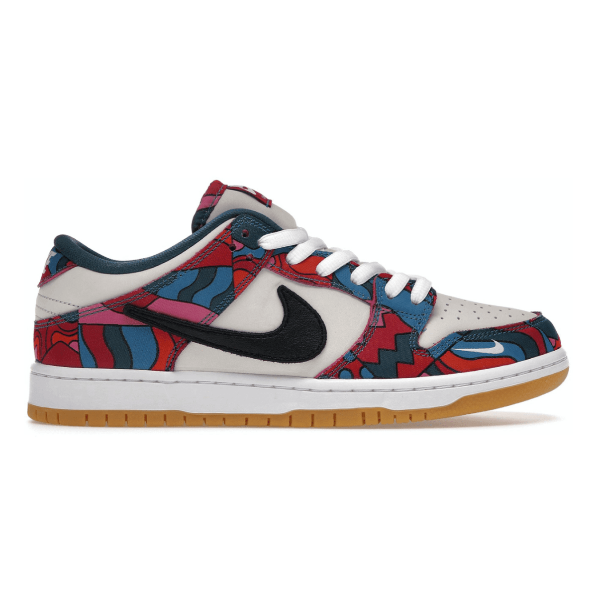 Nike SB Dunk Low Pro Parra Abstract Art (2021) with colorful abstract patterns and black swoosh.
