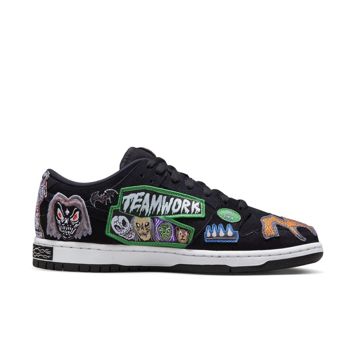 Nike SB Dunk Low Pro QS Neckface with black suede upper and unique graffiti patches